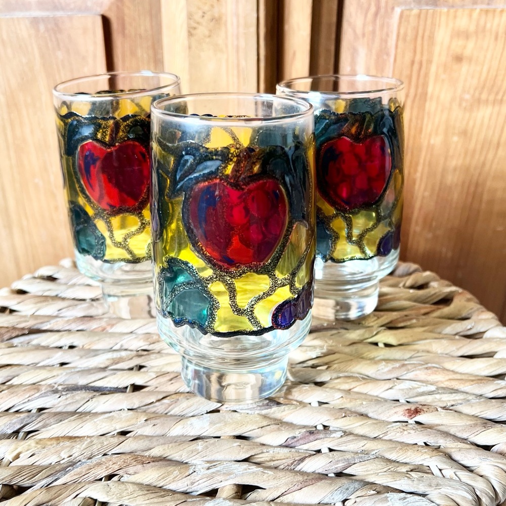 Vintage Libby 70's Stained Glass Tumblers Glasses Fruit Footed Apples Grapes